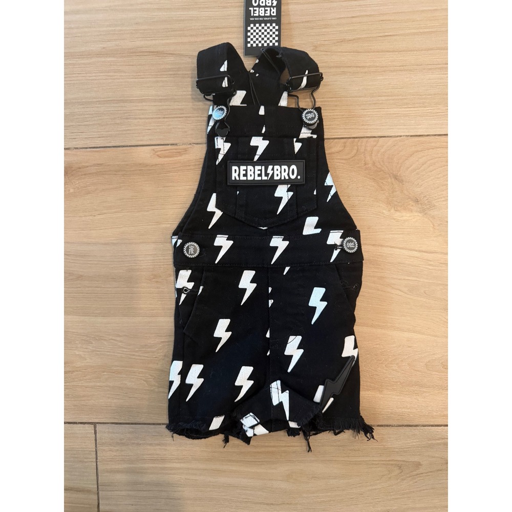 Rebel Bro Kids Black Lightning Bolt Print Denim Shortalls Overalls 0-3M NWT